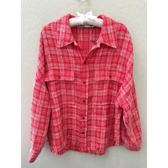 ZARA | Pink Plaid Tweed Preppy Button-Up Oversized Shacket | XL - Picture 1 of 6